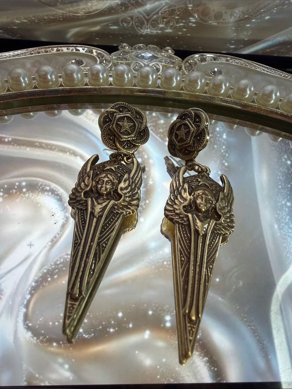 Antique Gold Angel Wing Drop Earrings